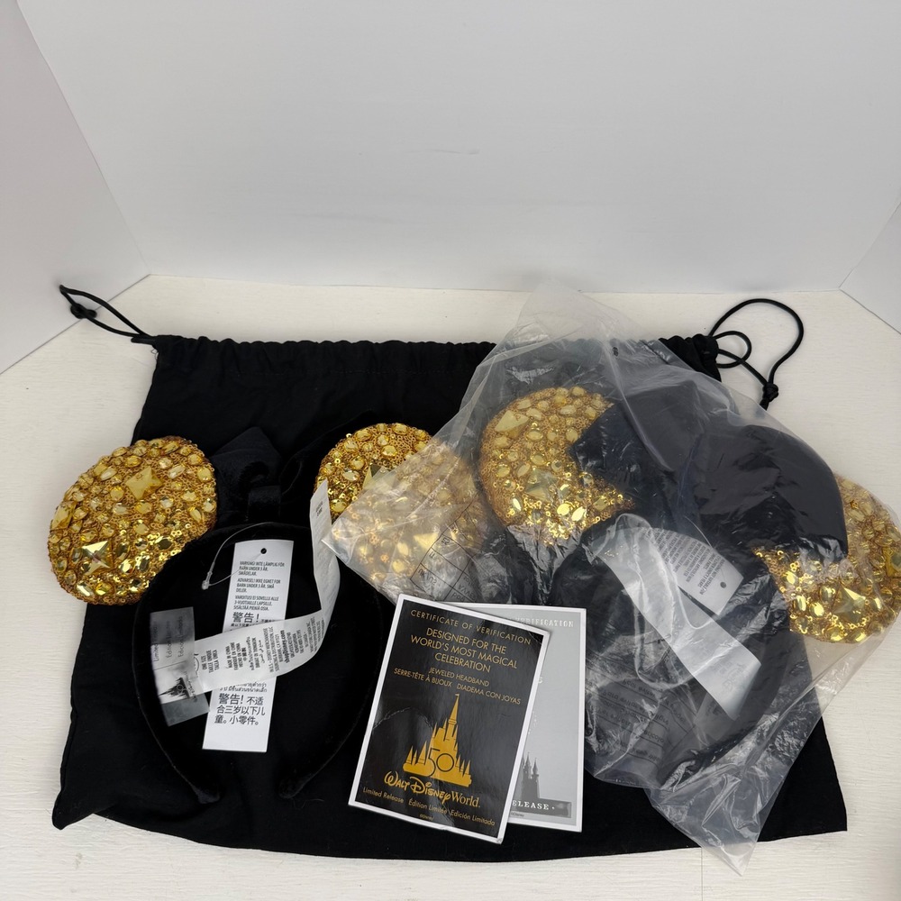 Disney Parks 50th Anniversary Luxe Logo Gold Jeweled Minnie Ears Headband NWT